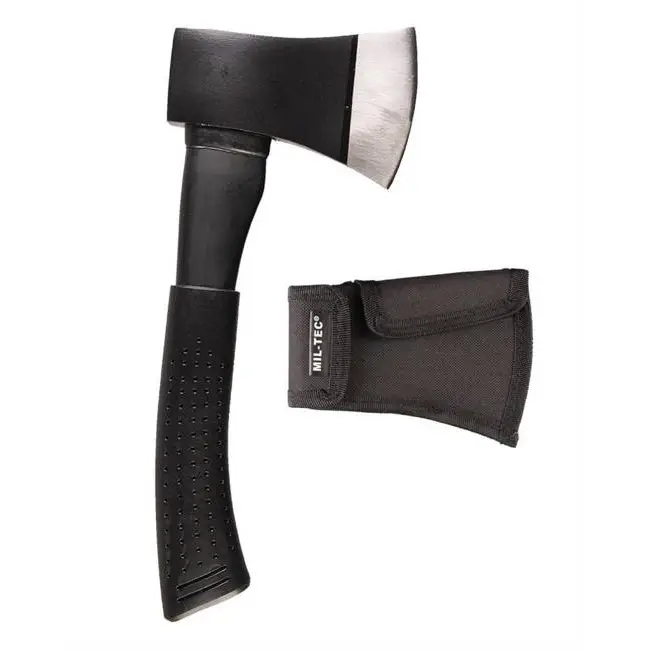 Zwarte stalen bijl met schede