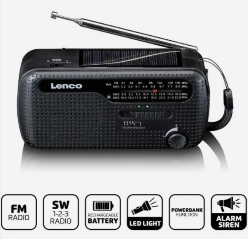 Opwindbare noodradio met zonnepaneel, LED-zaklamp, powerbank en alarmsirene