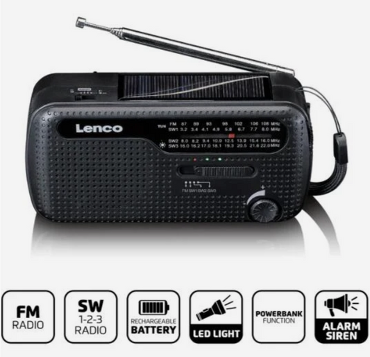 Opwindbare noodradio met zonnepaneel, LED-zaklamp, powerbank en alarmsirene